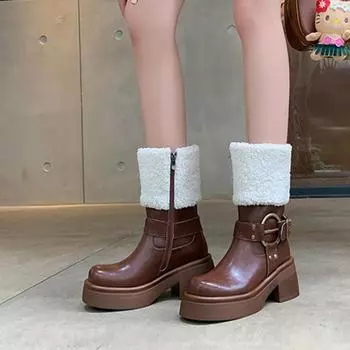 Meotina/женские ботильоны из натуральной кожи, короткие сапоги на платформе с круглым носком, на толстом высоком каблуке, шерстяные короткие ботинки на молнии и пряжке, женская обувь, зимняя обувь 34 чёрный