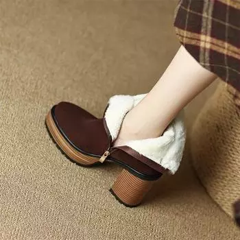 Meotina/женские ботильоны из натуральной кожи, короткие сапоги с круглым носком на высоком каблуке и меховой молнией, с металлическими украшениями, женская обувь, зимняя обувь