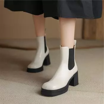 Meotina/женские ботильоны из натуральной кожи с круглым носком, короткие ботинки «Челси» на толстом высоком каблуке и платформе, женская модная обувь, осень-зима