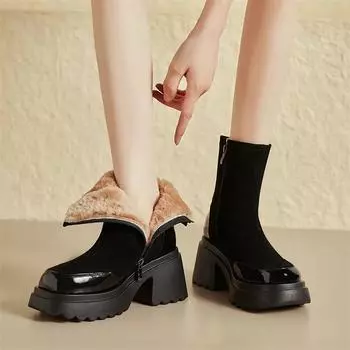 Meotina/женские ботильоны из натуральной кожи с круглым носком на платформе, шерстяные короткие ботинки на толстом высоком каблуке и молнии, женская модная обувь, зима 40 34 дымный черный
