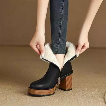 Meotina/женские ботильоны из натуральной кожи с круглым носком на платформе, шерстяные короткие ботинки на толстом высоком каблуке и молнии, женская модная зимняя обувь