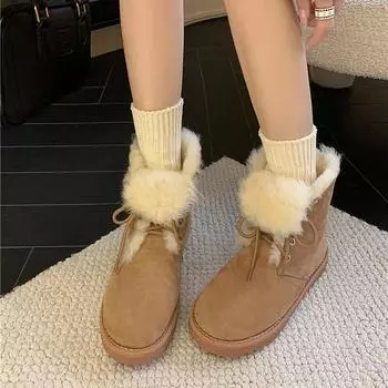 Meotina/женские ботильоны из натуральной кожи с круглым носком на плоской подошве, шерстяные короткие ботинки из овчины на шнуровке, женская модная обувь, зимняя черная обувь 40 34 миндальный