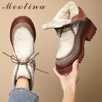 Meotina/женские ботильоны из натуральной кожи с круглым носком, на толстом среднем каблуке, на шнуровке, разноцветные шерстяные полусапожки, женская модная зимняя обувь 34 хаки