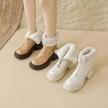 Meotina/женские ботильоны из натуральной кожи с круглым носком на толстом высоком каблуке и молнии на платформе, шерстяные короткие ботинки, женская модная зимняя обувь 34 бежевый