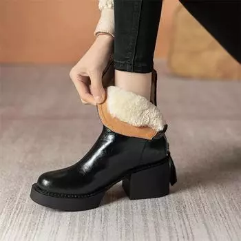 Meotina/женские ботильоны из натуральной кожи с круглым носком на толстом высоком каблуке на молнии из шерсти в стиле вестерн ковбойские короткие ботинки женская обувь зимняя 33 бежевый