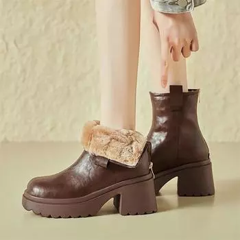 Meotina/женские ботильоны из натуральной кожи с круглым носком на высоком каблуке, шерстяные короткие ботинки на платформе и молнии, женская модная обувь, зимняя обувь 34 чёрный