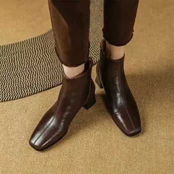 Meotina/женские ботильоны из натуральной кожи с квадратным носком, шерстяные короткие ботинки на толстом среднем каблуке и молнии, женская модная обувь, зимняя обувь карамельного цвета 40 34 глубокая кофе