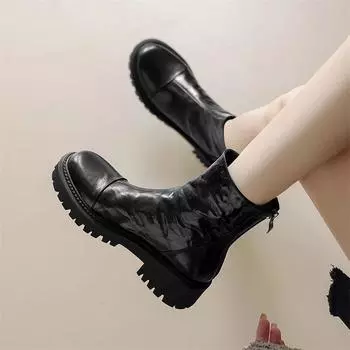 Meotina/женские ботильоны из натуральной кожи, шерстяные короткие ботинки на платформе с круглым носком на толстом среднем каблуке и молнии, женская модная обувь, зимняя обувь 34 чёрный