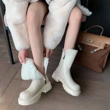 Meotina/женские ботильоны из натуральной кожи, шерстяные короткие ботинки с круглым носком на толстом среднем каблуке и платформе на молнии, женская модная зимняя обувь 34 миндальный