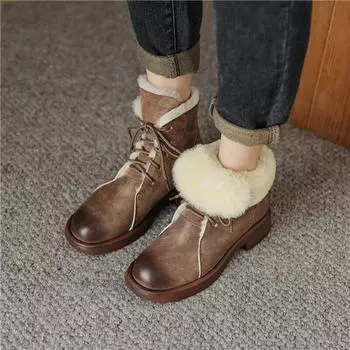 Meotina/женские ботильоны из натуральной кожи, шерстяные короткие ботинки с круглым носком на толстом среднем каблуке и шнуровке, женская модная обувь, зимняя коричневая обувь 40