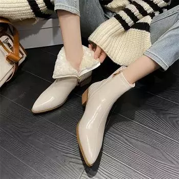 Meotina/женские ботильоны из натуральной кожи, шерстяные короткие сапоги на толстом среднем каблуке с острым носком и молнией, женская модная обувь, зимняя обувь бежевого цвета, 40 34 бежевый