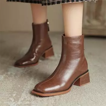 Meotina/женские ботильоны из натуральной кожи, шерстяные короткие сапоги на толстом высоком каблуке с квадратным носком и молнией, женская модная обувь, зимняя коричневая обувь 40 34 чёрный