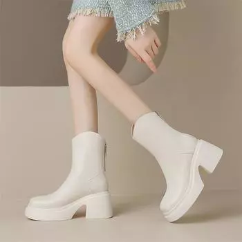 Meotina/женские ботильоны из натуральной кожи в ковбойском стиле, полусапоги в стиле ковбой с круглым носком, на толстом высоком каблуке, на молнии, ковбойские сапоги в западном стиле, женская обувь, зимняя обувь 34 чёрный