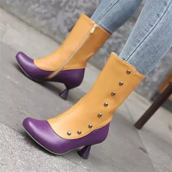 Meotina/женские ботильоны с круглым носком, необычный стиль, высокие каблуки, разноцветные короткие сапоги на молнии с заклепками, женская модная обувь, зимняя обувь 46 33 чёрный