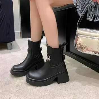 Meotina/женские ботильоны с круглым носком на платформе, толстые высокие каблуки, металлические украшения, короткие ботинки «Челси», женская обувь, осень-зима 44