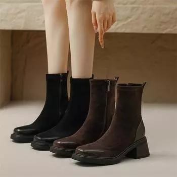 Meotina/женские ботильоны с круглым носком, короткие сапоги на толстом высоком каблуке и молнии, женская модная обувь в сдержанном дизайне, зимняя черная, коричневая 43 33 чёрный