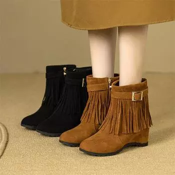 Meotina Женские ботильоны с круглым носком, увеличивающие рост, на высоком каблуке, с пряжкой, кисточкой, молнией, короткие сапоги, женская модная обувь, зимняя 44 33 чёрный