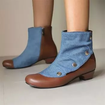 Meotina Женские ботильоны с круглым носком и толстым каблуком среднего размера, застежка-молния, смешанные цвета, короткие ботинки, женская модная обувь, зимняя коричневая 46 34 чёрный