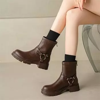 Meotina женские ботильоны с круглым носком на толстом среднем каблуке с молнией и металлическими украшениями на платформе короткие сапоги женская модная обувь зимняя черная 43 33 чёрный