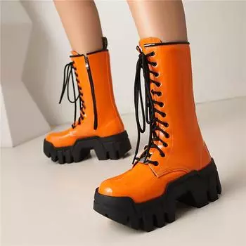 Meotina Женские ботильоны с круглым носком, на толстом высоком каблуке, со шнуровкой, на молнии, на платформе, короткие ботинки, женская модная обувь, зимняя желтая 44 35 чёрный