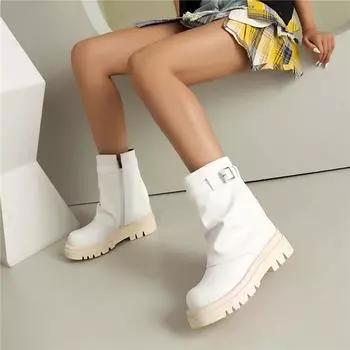Meotina женские ботильоны с круглым носком на толстом среднем каблуке на платформе с молнией и пряжкой короткие сапоги женская модная обувь осень-зима 45 34 белый