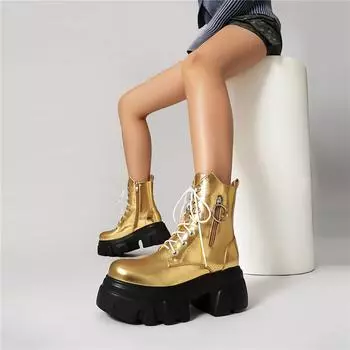 Meotina Женские ботильоны с круглым носком, на толстом высоком каблуке, на платформе, с застежкой-молнией и шнуровкой, короткие ботинки, женская модная обувь, осень-зима 44 35 чёрный