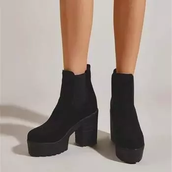 Meotina женские ботильоны с круглым носком на высоком каблуке с платформой короткие сапоги лаконичные ботинки челси женская модная обувь зима 43 34 чёрный