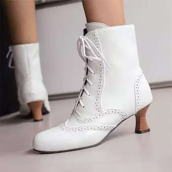 Meotina Женские ботильоны с круглым носком, на высоком каблуке, со шнуровкой и молнией, короткие ботинки, женская модная обувь, зимняя, зеленого и белого цвета, 46 34 белый