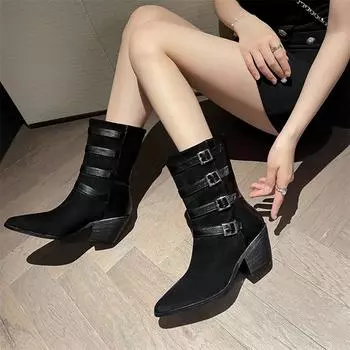Meotina женские ботильоны с круглым носком на толстом высоком каблуке с пряжкой короткие сапоги лаконичные женские модные туфли зимние черные коричневые 46 34 чёрный