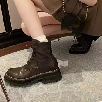 Meotina/женские ботильоны с круглым носком на платформе, армейские ботинки на толстом среднем каблуке и шнуровке, женская модная обувь, зимняя черная, коричневая 40 35 чёрный