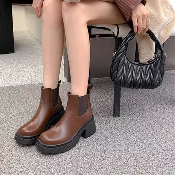 Meotina/женские ботильоны с круглым носком на платформе, короткие ботинки «Челси» на толстом высоком каблуке, женская модная обувь, осень-зима, коричневый, черный 44