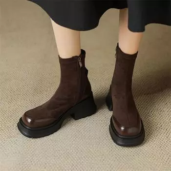 Meotina/женские ботильоны с круглым носком на платформе, короткие ботинки на массивном высоком каблуке на молнии, женская модная осенне-зимняя обувь коричневого цвета 43