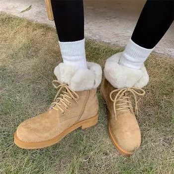Meotina/женские ботильоны с круглым носком на толстом среднем каблуке, шерстяные армейские ботинки на шнуровке и молнии, женская модная обувь, зимняя абрикосовая обувь 40