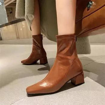 Meotina/женские ботильоны с квадратным носком, полусапожки на толстом среднем каблуке и молнии, лаконичная женская модная обувь, зимняя обувь бежевого, черного, коричневого цвета, 40 33 чёрный