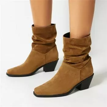 Meotina/женские ботильоны с квадратным носком, плиссированные короткие ботинки на высоком толстом каблуке, лаконичная женская модная обувь, зимняя черная, хаки, коричневая 43 34 чёрный