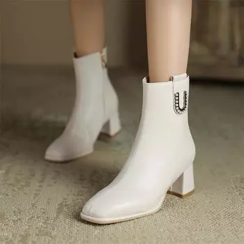 Meotina/женские ботильоны с квадратным носком, короткие ботинки на высоком каблуке с металлическими украшениями на молнии, женская модная обувь, осень-зима 43 33 миндальный