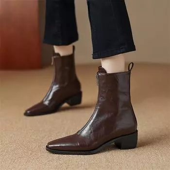 Meotina женские ботильоны с квадратным носком на среднем каблуке с застежкой-молнией короткие сапоги лаконичные женские модные туфли осень-зима черный коричневый 43 33 чёрный