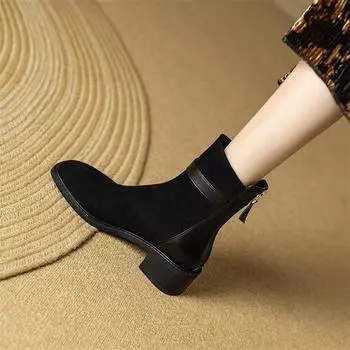 Meotina/женские ботильоны с квадратным носком, короткие ботинки на среднем каблуке с застежкой-молнией и пряжкой, женская модная осенне-зимняя обувь, черный, коричневый 43 33 чёрный