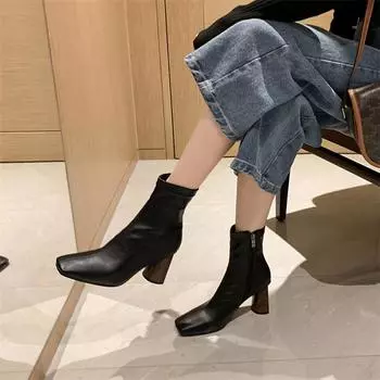 Meotina/женские ботильоны с квадратным носком, короткие ботинки на высоком массивном каблуке и молнии, женская модная обувь, осень-зима, черный, коричневый, бежевый 40 33 бежевый