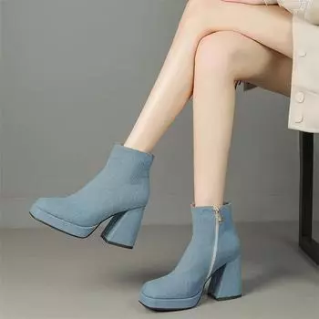 Meotina/женские ботильоны с квадратным носком на платформе, джинсовые короткие ботинки на толстом высоком каблуке и молнии, женская модная обувь, осенне-зимняя черная обувь 43 33 небесно-голубой