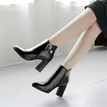 Meotina/женские ботильоны с острым носком, на толстом высоком каблуке с молнией и металлическими украшениями, короткие ботинки, женская модная обувь, зимняя бежевая обувь 43 33 чёрный