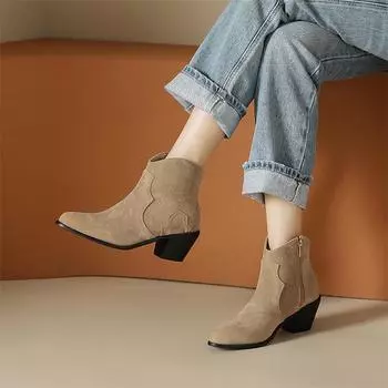 Meotina/женские ботильоны с острым носком на толстом высоком каблуке на молнии, ботинки в стиле вестерн «ковбойская девушка», женская модная осенне-зимняя обувь 46 34 миндальный