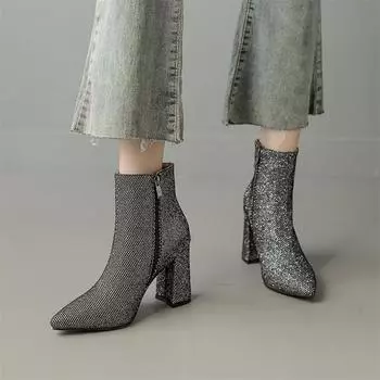 Meotina/женские ботильоны с острым носком, на толстом высоком каблуке, блестящие ботинки на молнии с кристаллами, женская модная обувь, осень-зима 43 33 золотой