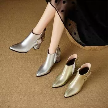 Meotina Женские ботильоны с острым носком на толстом высоком каблуке с пряжкой-молнией Металлические короткие сапоги Женская модная обувь Осень-зима 43 33 золотой