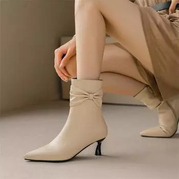 Meotina Женские ботильоны с острым носком на тонком высоком каблуке, плиссированные короткие ботинки на молнии, женская модная обувь осень-зима, миндальный цвет 46 33 белый