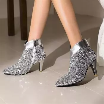 Meotina женские ботильоны с острым носком на высоком каблуке-рюмочке блестящие короткие сапоги лаконичные женские модные туфли осень-зима черные 46 34 чёрный