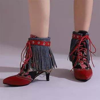 Meotina Женские ботильоны с острым носком, на высоком каблуке, со шнуровкой, с цветочными кисточками, разноцветные короткие ботинки, женская модная зимняя обувь 33 белый