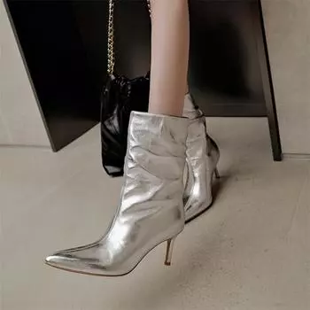 Meotina/женские ботильоны с острым носком на тонком высоком каблуке, плиссированные короткие ботинки, женская модная повседневная обувь, осень-зима, серебристый, черный 40 34 чёрный