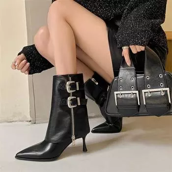 Meotina/женские ботильоны с острым носком, на тонком высоком каблуке, с застежкой-молнией и пряжкой, лаконичная женская модная обувь, зимняя черная, коричневая 40