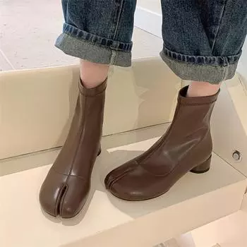 Meotina/женские ботильоны с раздельным носком, короткие ботинки на среднем каблуке и молнии, женская модная обувь, осень-зима, черный, абрикосовый, коричневый 40 33 миндальный